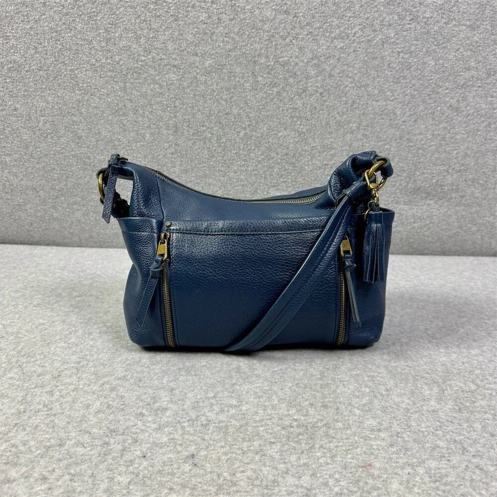 The Sak Hobo Shoulder Bag Womens Small Blue Pebbled Tassel Double Zip